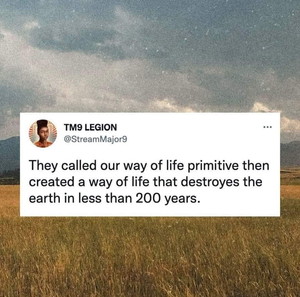 This meme is a humorous commentary on the way of life of our ancestors. The text reads: "They called our way of life primitive, then created a way of life that destroys the earth in less than 200 years." The image is likely a simple, dark background with a small, circular icon of a person, possibly a cartoon or a real person's photo, but the text is the main focus.